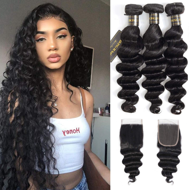 12A Peruvian Loose Deep Wave Bundles 18 20 22 with 16 Closure Long Loose Deep Wave Peruvian Virgin Human Hair 3 Bundles with 4x4 Top French Lace Clos