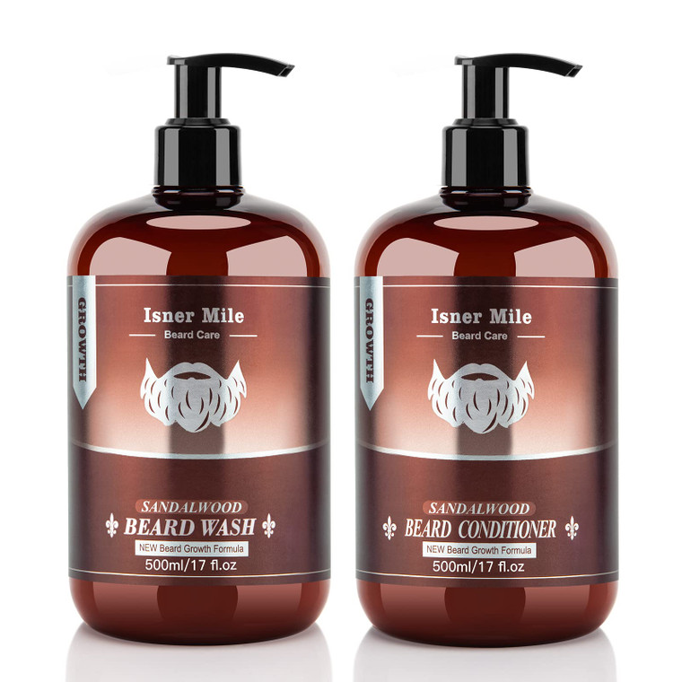 ISNER MILE Beard Wash & Conditioner Set for Men - 17 oz Shampoo with Biotin, Argan & Jojoba Oils for Smooth, Soft, and Strengthened Beard - Sandalwoo