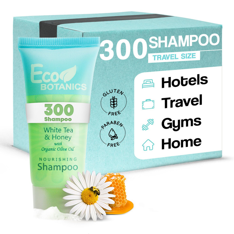 Eco Botanics Travel Size Hotel Shampoo 300 Count 0.85 oz Bottles Guest Amenities for Vacation Rentals and Short Term Rentals Paraben Free White Tea S