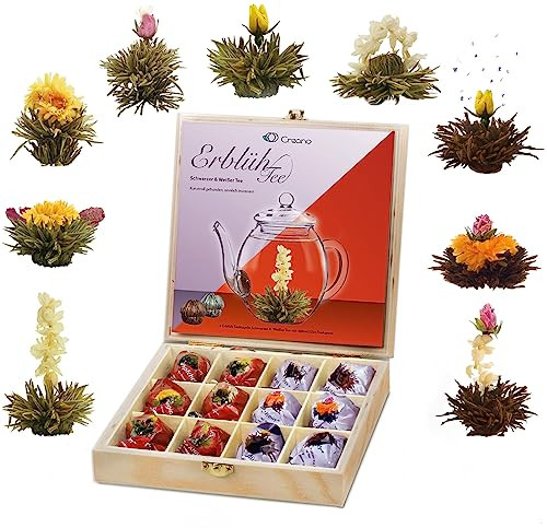 Creano Flowering Tea Abloom Tea - Blooming Tea Gift Set in Stylish Wooden Tea Box - 12 Pieces, Mix of White & Black Tea a gift for christmas