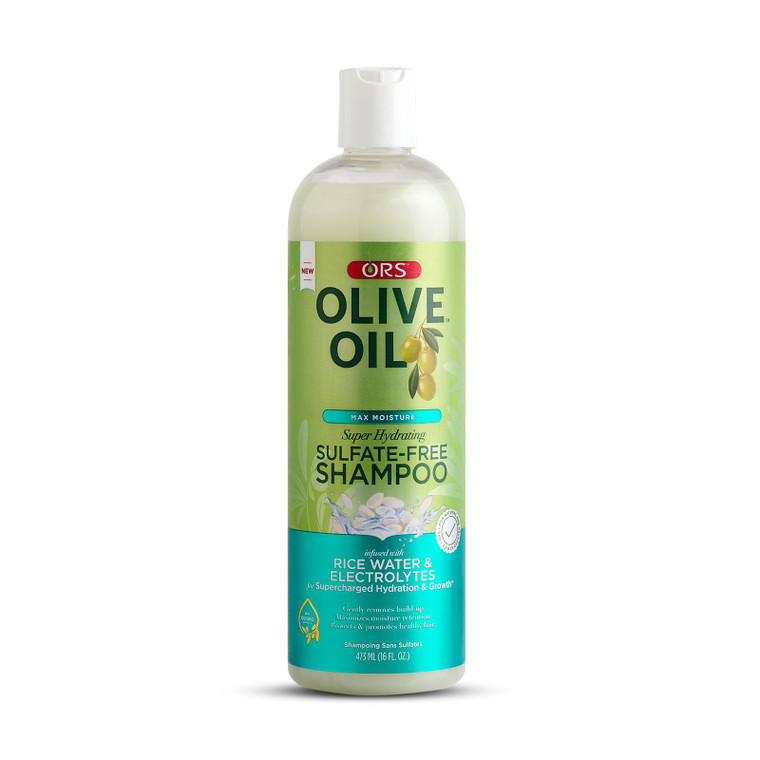 ORS Olive Oil Max Moisture Super Hydrating Sulfate-Free Shampoo, Infused with Rice water and Electrolytes for Supercharged Hydration & Growth 16.0 Ou