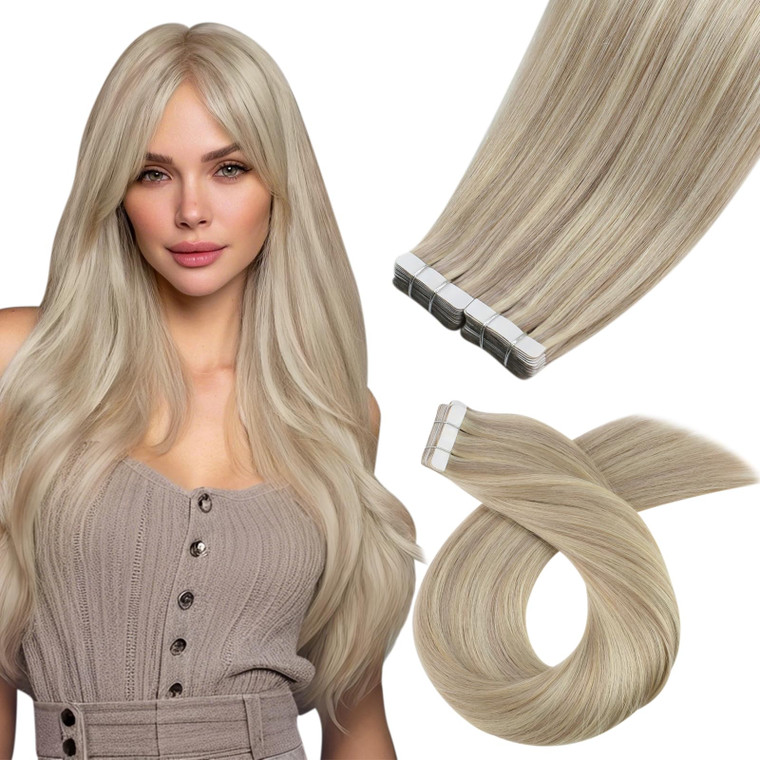 Moresoo Tape in Hair Extensions Human Hair 40Pcs Highlight Tape in Extensions for Women 60g Ash Blonde with Platinum Blonde Hair Extensions Real Huma