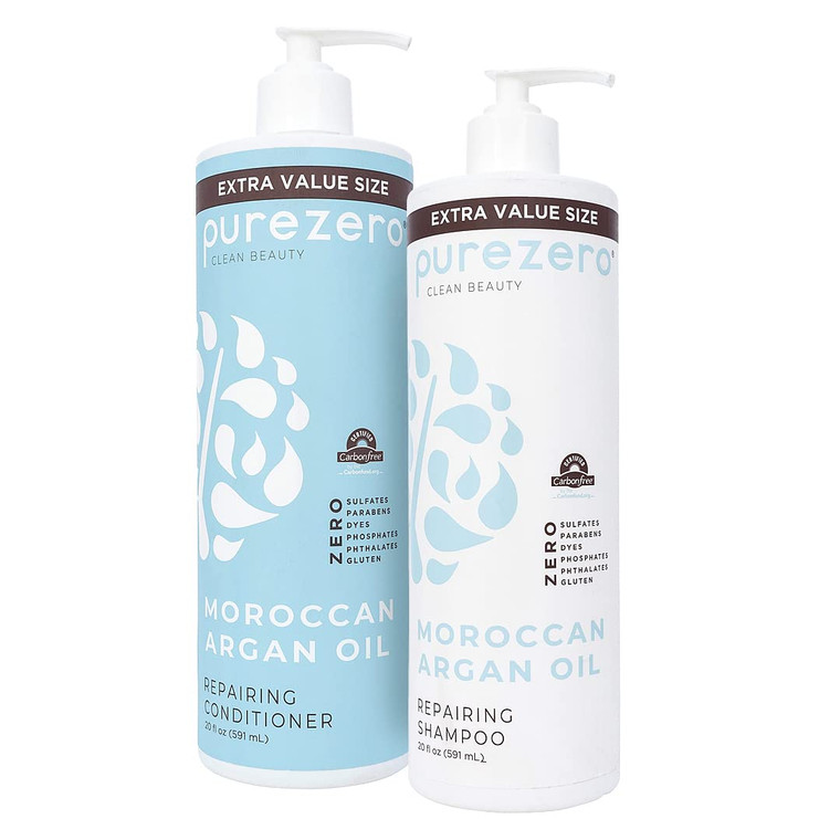 Purezero Moroccan Argan Oil Shampoo & Conditioner set - Repair Damaged Hair - Fight Dandruff & Frizz - Zero Sulfates, Parabens, Dyes, Gluten - Vegan