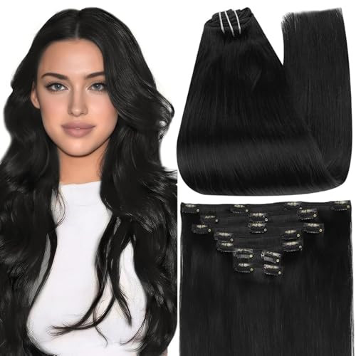 Full Shine Black Hair Extensions Clip in Human Hair Clip in Extensions for Thin Hair Black Triple Weft Straight Hair Extensions for Women 16 Inch 120