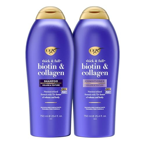 OGX Shampoo and Conditioner Set, Thick and Full + Biotin and Collagen, Purple, Helps Thicken and Texturize Hair, Ideal for Flat to Medium Volume Hair