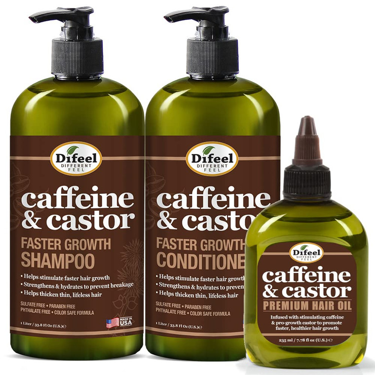 Difeel Caffeine & Castor Shampoo, Conditioner and Hair Growth Oil Set - with Shampoo, Conditioner, and Hair Oil