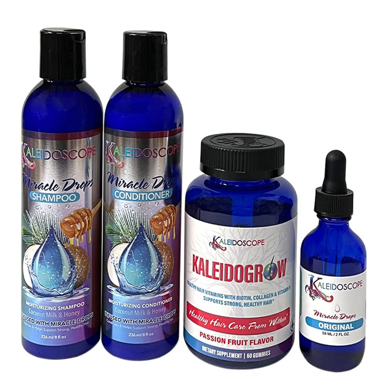 Kaleidoscope - Miracle Drops Shampoo, Conditioner, Original Miracle Drops & Kaleidogrow Vitamins Hair Care Styling Bundle 4 Pcs Set