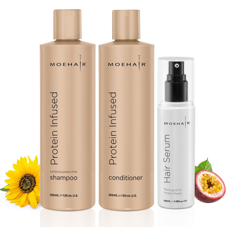 Moehair Protein Infused Shampoo and Conditioner with Hair Serum Pack | Sulfate and Paraben Free Shampoo | Revitalize Dull, Weak and Damaged Hair | Ma