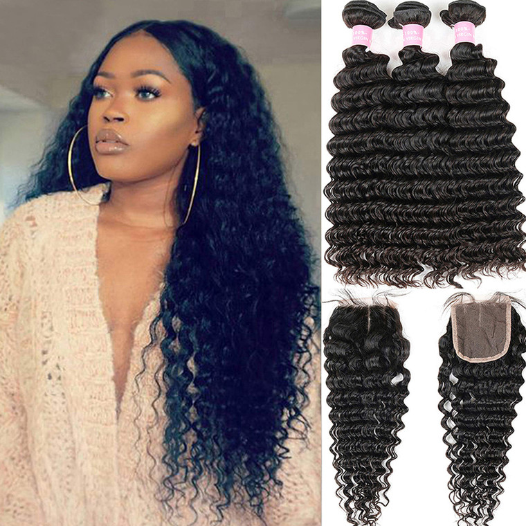 Brazilian Deep Wave Virgin Human Hair Bundles with Closure Natural Black Can Be Dyed and Bleached(12 14 16+10)