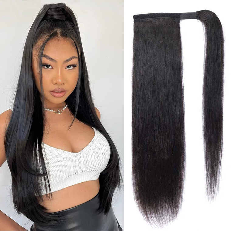 seelaak Long Straight Remy Human Hair Ponytail Extension Wrap Around Ponytail Hair Piece with Clips Magic Paste Binding Pony Tail Hairpiece 1B# 100g/