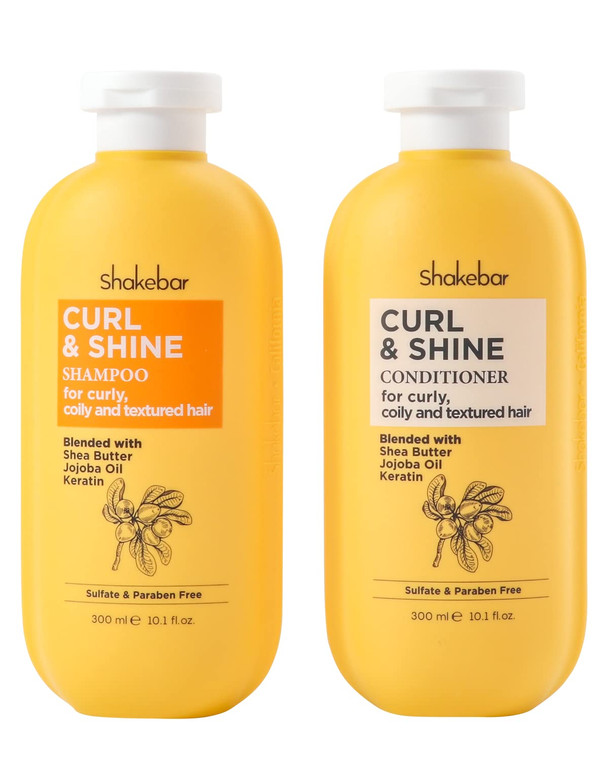 SHAKEBAR Keratin Curly Hair Shampoo and Conditioner Set, Curl & Shine Natural Shampoo Rich Shea Butter, Jojoba Oil, Keratin, Sulfate Free, Paraben Fr
