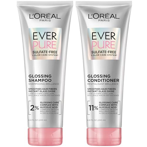 L'Oreal Paris Glossing Sulfate Free Shampoo and Conditioner Set with Glycolic Acid, Hair Care for Lasting Shine and Smoothness for Dull, Dry Hair, Ev