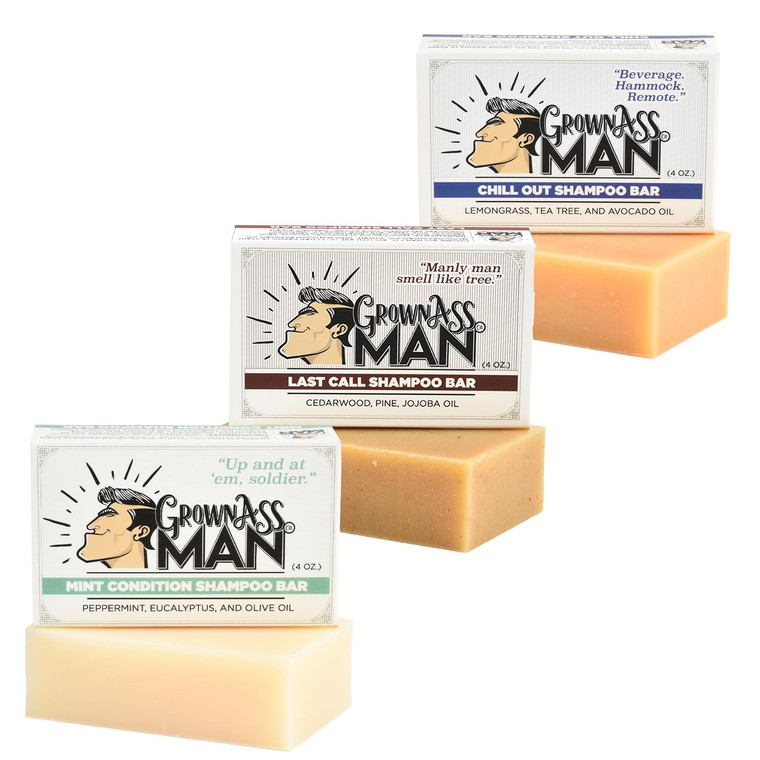 Grown Ass Man Co. - Solid Shampoo Bar Rich Lather 3 in 1: Hair, Beard & Body Wash - Plastic Free & Eco-Friendly, Natural & Organic Clean for All Hair
