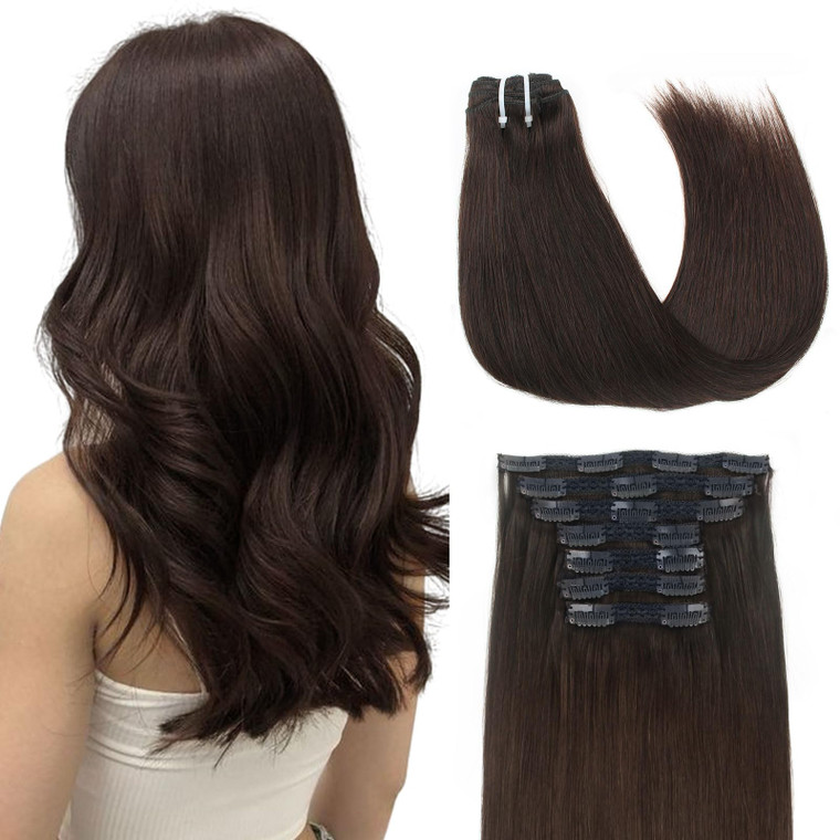 Lovrio 9A Grade Hair Extensions Clip in Human Hair Color Darkest Brown, Double Weft Remy Straight Hair Clip Ins For women 20 inch 120g 7 pieces 18 cl