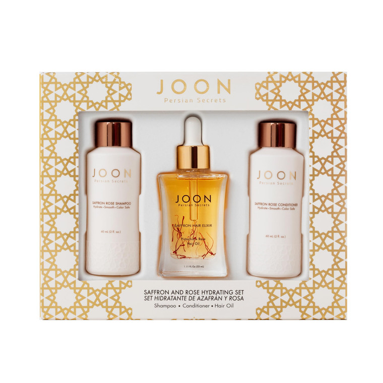 Joon Moisturizing Travel Size Gift Set | Saffron Hair Elixir (1.11 fl oz), Saffron Rose Shampoo (2 fl oz) and Conditioner (2 fl oz)