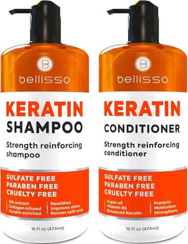 Keratin Shampoo and Conditioner Set - Sulfate Free and Paraben Free - Salon Thickening Treatment for Dry, Damaged, Curly, Frizzy, Straight or Color T