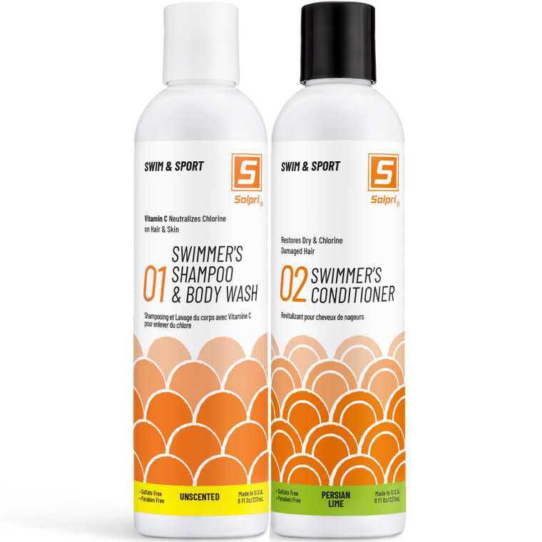 Solpri Swimmers Chlorine Vitamin C Swim Shampoo Body Wash with Pre & Post Swim Conditioner (16 Fl Oz Total)