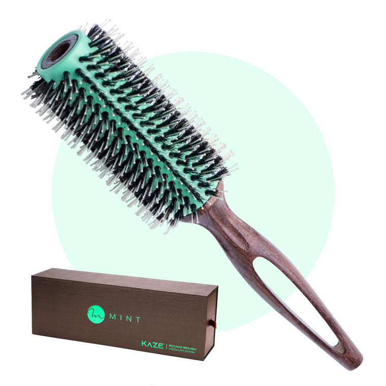 MINT Eco-Friendly Boar Bristle Round Brush for Blow Drying | Durable Blowout Styling for All Hair Types | Ceramic Round Brush with Hand-Crafted Woode