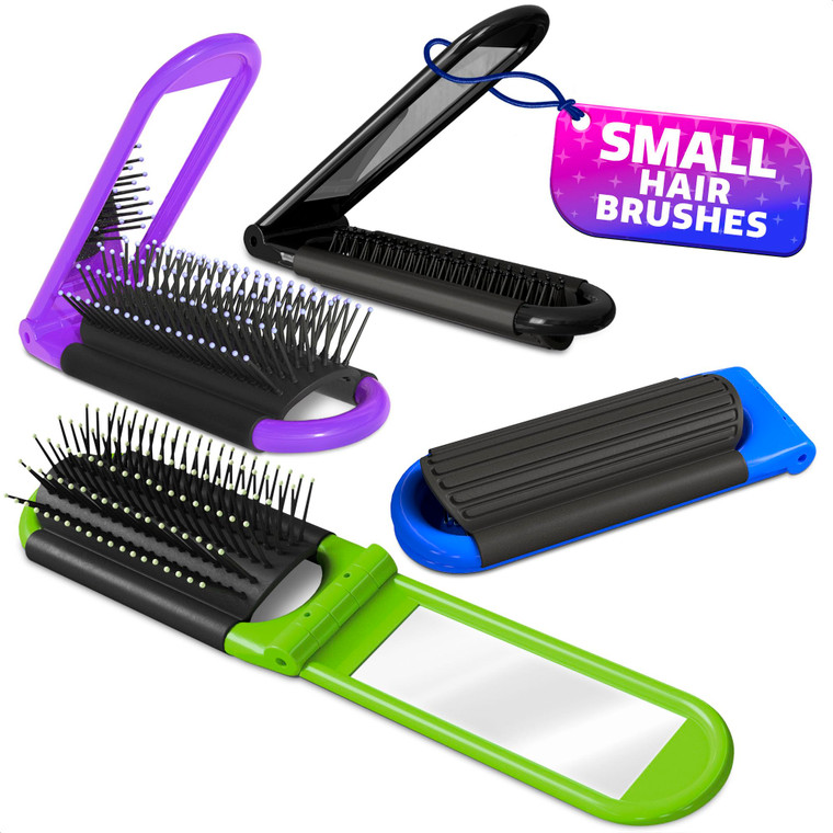 4 Pack Folding Travel Hair Brush  Travel Brush for Women with Built-in Mirror and Massage Comb in 4 Colors, Plastic & Nylon Bristles, Compact Size (