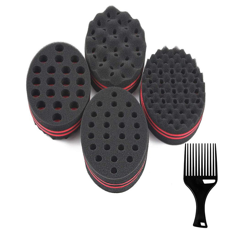 Set of 4 Big Holes Hair Brush Sponge Twist Wave Barber Tool For Dreads Afro Locs Twist Curl Black