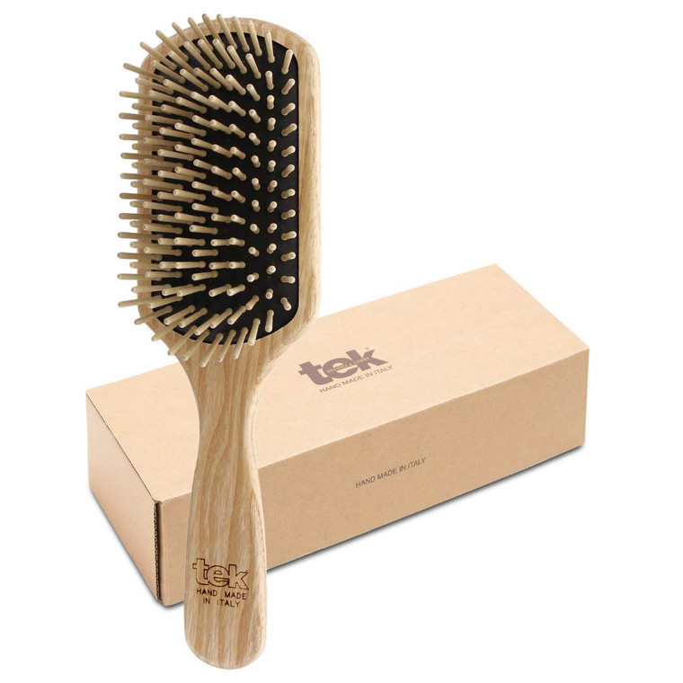 TEK | Rectangular Wooden Hair Brush Big with Short Rounded Teeth in Natural Ash Wood, Ideal for Detangling, Styling and Daily Care of Short to Medium
