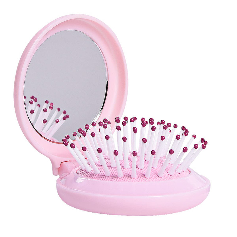Trikeel Mini Folding Hair Brush with Mirror, Compact Pop up Pocket Brush, Small Travel Size Flip Hair Brush for PurseBackpack,Pink