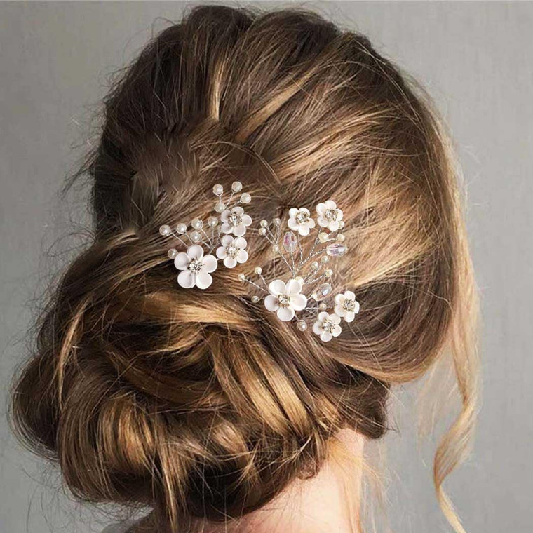 Fstrend Wedding Bridal Hair Pins Bride Flower Pieces Rhinestone Pearls Accessories Clip for Women and Girls