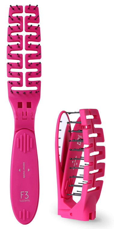 F3 Systems Compact Folding Hair Brush with Mirror - Detangling Comb for Adults & Kids, Portable for Travel & Storage, Wet & Dry Hair