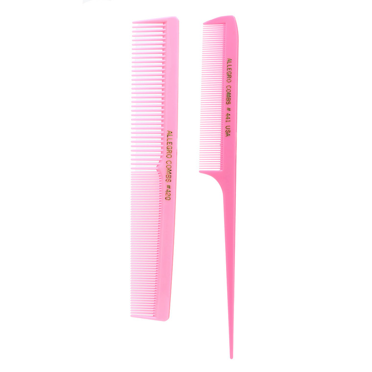 Allegro Combs Rubber Hair Styling Combs Set for Men, Women, Kids - Includes Rat Tail Comb and Barber Comb, Fresh Pink, 2 Count