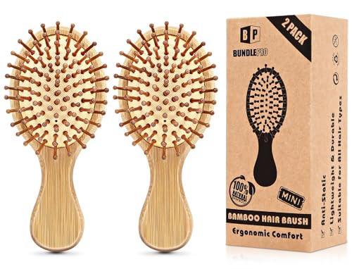 Pack of 2 Hair Brush with Natural Bristles, Massages Scalp Anti-Static Hair Detangle for All Types, Lightweight(MINI)