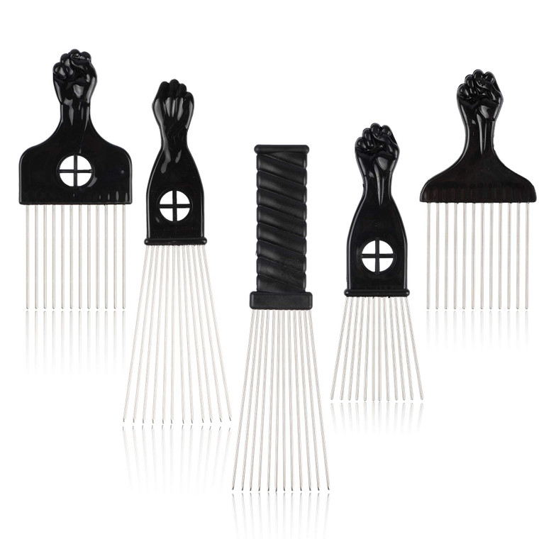 Folansy 5 Pcs Afro Comb Metal African American Pick Comb Hairdressing Styling Tool Hair Pick for Hair Styling black