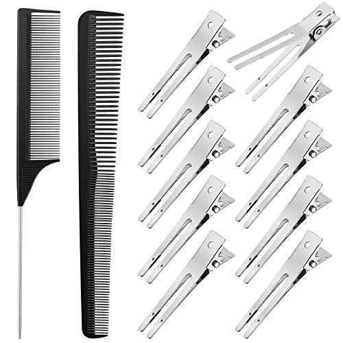 Patelai 50 Pcs Metal Hair Styling Clips No Crease Double Prong Hair Clips for Rollers with 2 Parting Comb Carbon Fiber Rat Tail Loc Combs for Women M