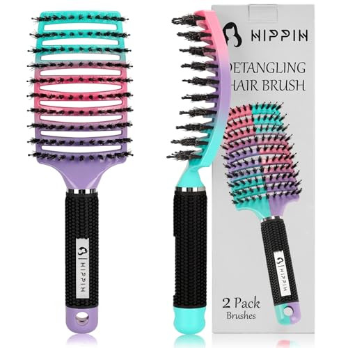 Hair Brushes for Women 2 Pack, HIPPIH Detangler Hair brush for Adult & Kids Wet or Dry Hair, Boar Bristle Hair Brush Getting Knots Out without Pain
