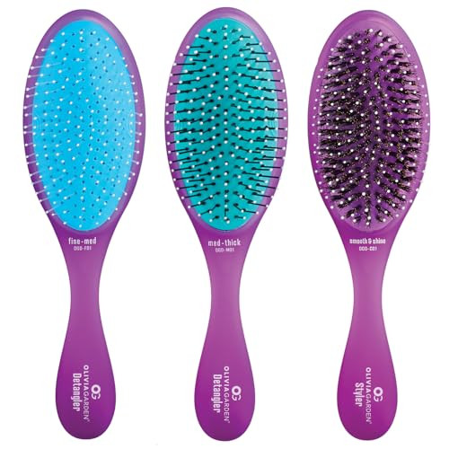 Olivia Garden Brush Collection, removable cushion, scalp hugging massages the scalp, 1 fine to medium, 1 medium to thick detangler, 1 smooth and shin