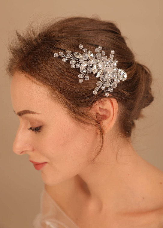 Denifery Blue Crystal Bride Wedding Hair Comb Silver Crystal Hair Comb Clip Bridal Hair Accessories Rhinestone Hair Clip for Women and Girls (White)