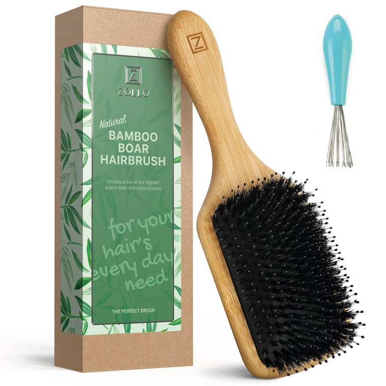 Natural Boar Bristle Hair Brush for Women, Men, Kids; Dry and Wet Detangling Hair Brush Gently Enhances Shine, Smooths Frizz and Prevents Breakage in