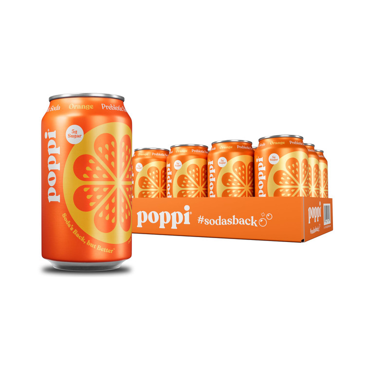 Poppi Sparkling Prebiotic Soda Beverage with Apple Cider Vinegar, Seltzer Water and Fruit Juice, Orange Flavor, 12 Fl Oz, Pack of 12, Packaging May V