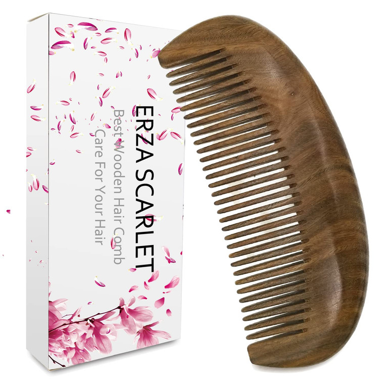 ERZA SCARLET Real Natural Green Sandalwood Wooden Comb/Boutique Hair/Beard Pick Comb - NO SNAGS,NO STATIC,NO TANGLE (Standard tooth)
