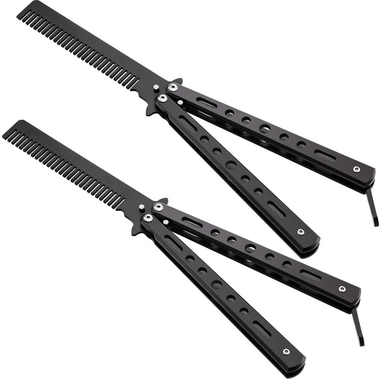 2 Pieces Combs Stainless Steel Folding Practice Combs Hair Styling Tools for Sport Outdoor Use (Black)