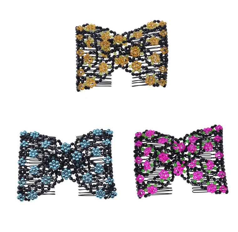 Lovef Easy Magic Beads Double Hair Comb Clip Stretchy Hair Combs Clips Women Hair Accessories Beauty Decoration-3 Pcs