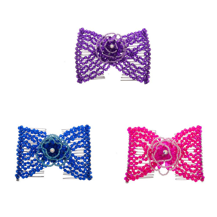 LOVEF 3Pcs Easy Comb Magic Hair Beauty Decoration Double Clip Pearl Stretchy Beaded Hairpin Bow Double Combs Lady in Random Color