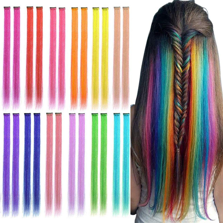 24PCS 12 Colored Clip in Hair Extensions 22inch Rainbow Heat-Resistant Straight Highlight Hairpieces Halloween Cosplay Party Christmas New Year Hair