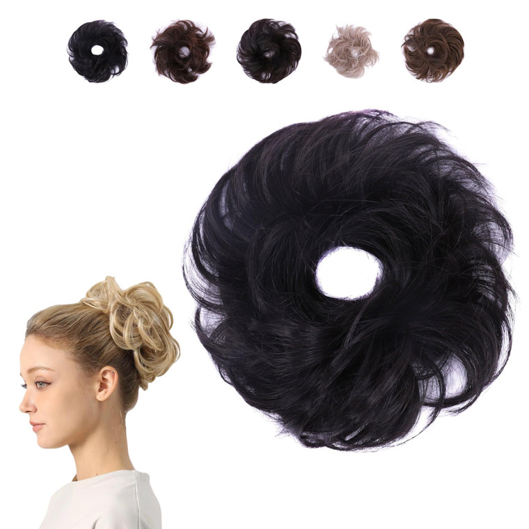 Juvabun Small Messy Bun - Black | Curly Wave Hair Scrunchie | Everyday Wear Fake Bun | Synthetic Hair Scrunchie