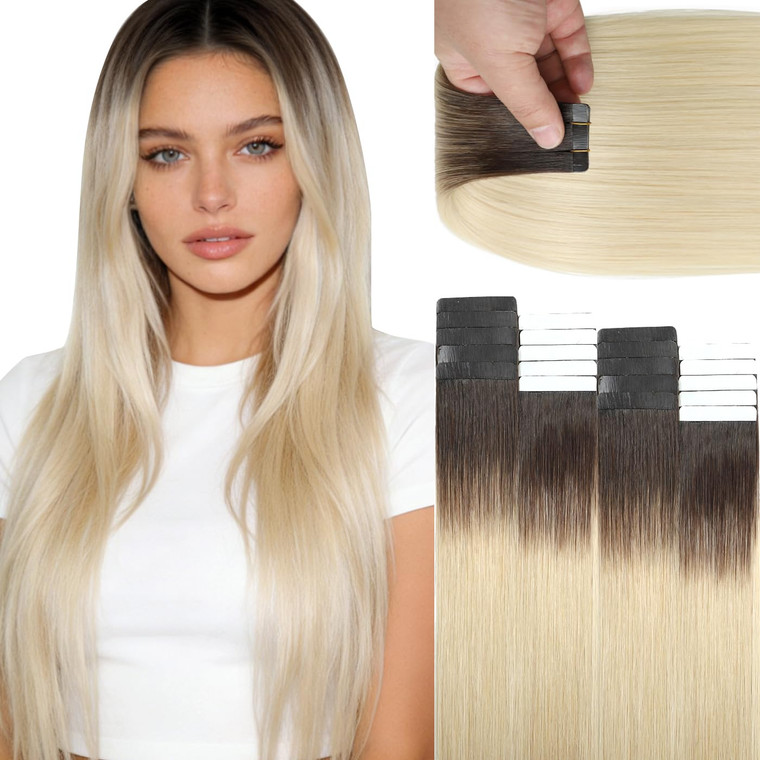 Lacer Tape in Hair Extensions Real Human Hair - Natural Rooted Darker Brown to Platinum Blonde Hair Extensions Tape ins - Double Side Seamless PU Ski