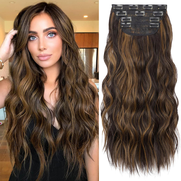 KooKaStyle Clip in Long Wavy Synthetic Hair Extension 20 Inch 4PCS Balayage Dark Brown to Chestnut Hairpieces Fiber Thick Double Weft Hair Extension