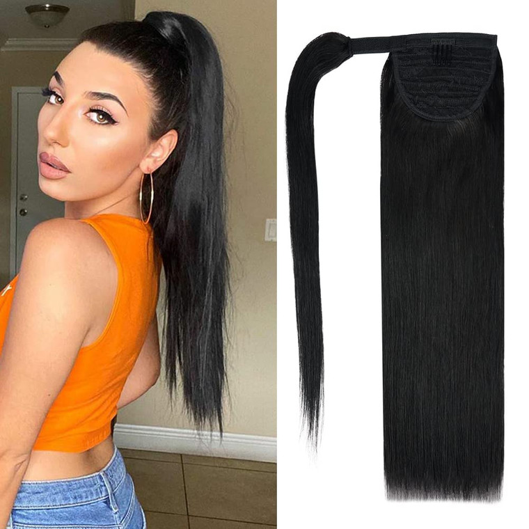 14" Human Hair Ponytail Extension 70g #1 Jet Black 100% Remy Human Hair Wrap Around Long Ponytail Clip in Hair Extensions Straight One Piece Hairpiec