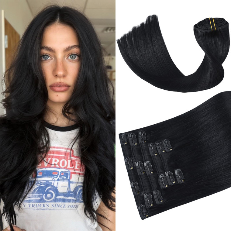 Aison Jet Black Clip in Hair Extensions Real Human Hair 70G 100% Remy Human Hair Clip in Extensions 7pcs 16clips 18 Inch