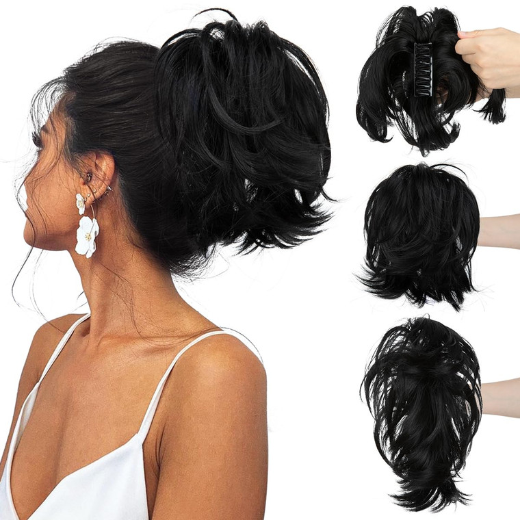 CJL HAIR Claw Clip Short Ponytail Hair Extensions DIY Bendable Metals Messy Bun Hair Piece for Wonen Straight Synthetic Fake Hairpieces Jet Black