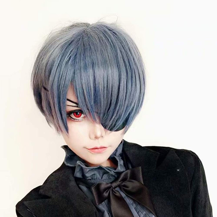 LABEAUTÉ Short Male Gray Wig Males Cosplay Wig Anime Straight Blue Fluffy with Bangs Mens Halloween Party Hair + Free Cap