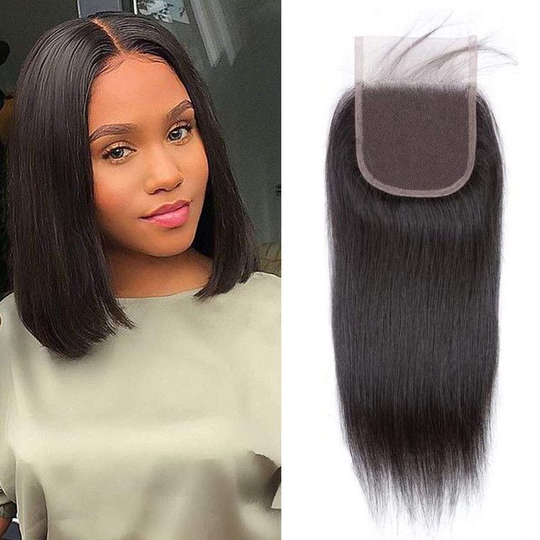 Selian 4x4 Straight Lace Closure Human Hair Free Part Brazilian Virgin Hair Natural Black Color 12 Inch